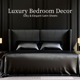 Satin Bed Sheets, Queen Size Sheets Set, 4 Pcs Silky Bedding Set with 15 Inches Deep Pocket for Mattress (Queen, Black) Satin Bed Sheets, Queen Size Sheets Set, 4 Pcs Silky Bedding Set with 15 Inches Deep Pocket for Mattress (Queen, Black)